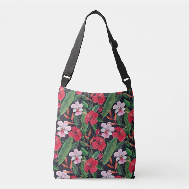 Röda hibiscus, orkidéer, tropiska vattenfärger. axelväska (Framsida)