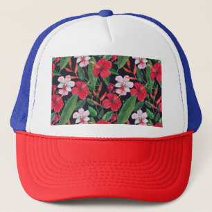 Röda hibiscus, orkidéer, tropiska vattenfärger. keps