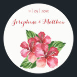 Röda Hibiscus Tropical Watercolor Wedding Stickers Runt Klistermärke<br><div class="desc">Bröllopesterna har vattenfärgade röda hibiscus tropiska blommor. Du kan anpassa dessa klistermärken med namn och bröllop-datumet. Klicka på knappen "Anpassa" om du vill ha fler alternativ om du vill ändra texten storlek eller om du vill lägga till ytterligare text. Dessa klistermärken är idealiska för använda som klistermärken eller för att...</div>