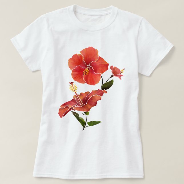 Röda Hibiscus Watercolor Flowers T Shirt (Design framsida)