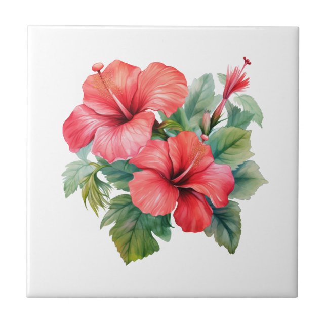 Röda Hibiskus Tropiska Blommiga Kök Badrum  Kakelplatta (Framsidan)