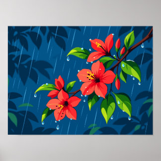 Röda hibiskusblommor & gröna blad i regnet poster