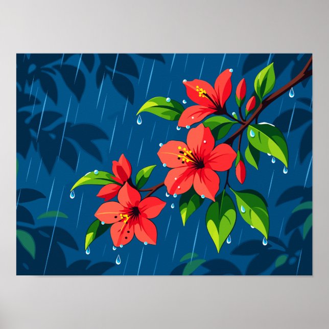 Röda hibiskusblommor & gröna blad i regnet poster (Framsidan)
