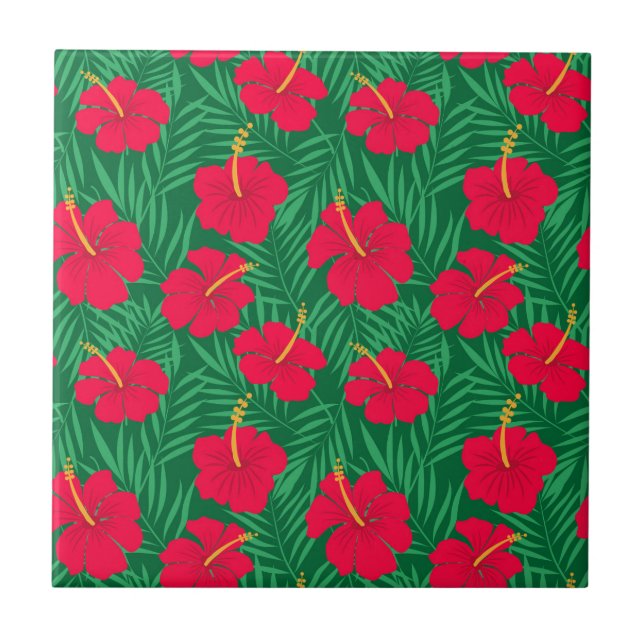 Röda hibiskusblommor på gröna tropiska blad  kakelplatta (Framsidan)