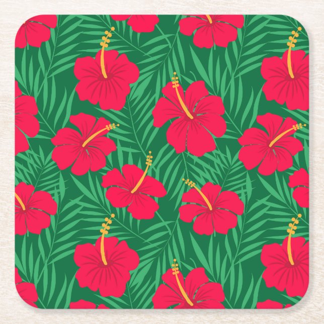 Röda hibiskusblommor på gröna tropiska blad  underlägg papper kvadrat (Framsidan)