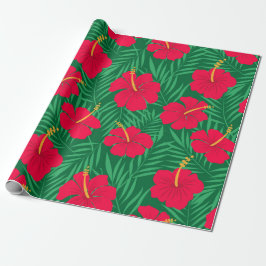Röda hibiskusblommor på tropiska bladmönster presentpapper