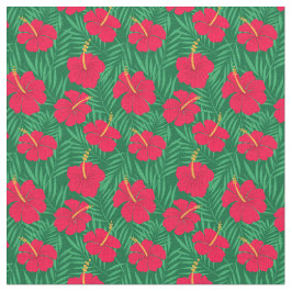 Röda hibiskusblommor på tropiska bladmönster tyg