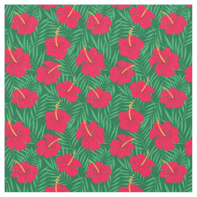 Röda hibiskusblommor på tropiska bladmönster tyg (Närbild)