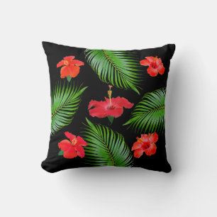 Röda hibiskusblommor & palmblad på svart kudde