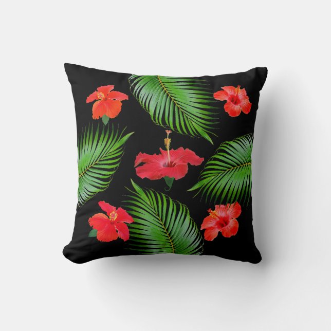 Röda hibiskusblommor & palmblad på svart kudde (Framsida)