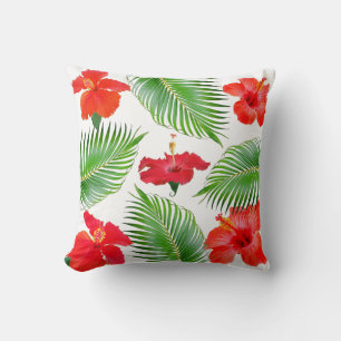 Röda hibiskusblommor & palmblad på vit bakgrund kudde