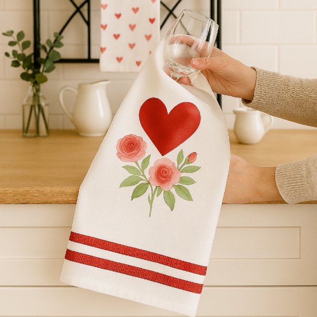 Röda hjärta rosa rosor Alla hjärtans dag Kökshandduk (Add romantic charm to your kitchen with Valentine’s Day towels featuring hearts, roses, and stripes.)