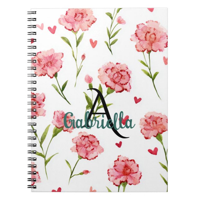 Röda hjärtan blommor monogram namn anteckningsbok (Framsidan)