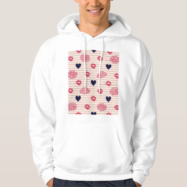 Röda hjärtan, läppar, daisy mönster. hoodie (Framsida)
