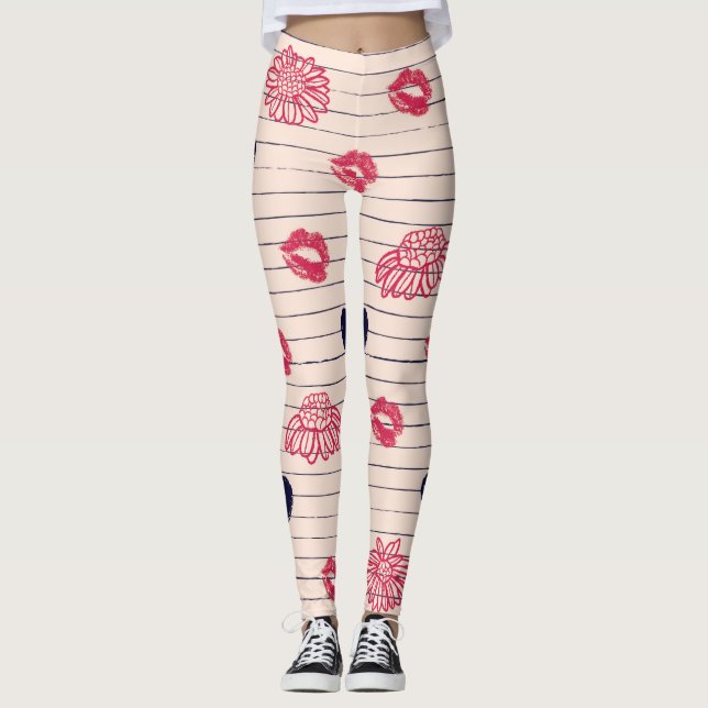 Röda hjärtan, läppar, daisy mönster. leggings (Framsida)