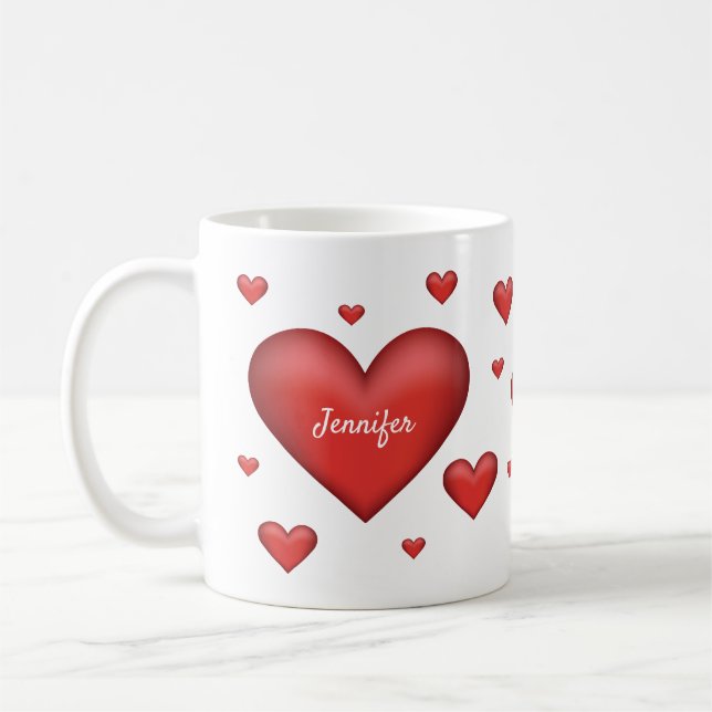 Röda hjärtan med anpassat namn kaffemugg (Vänster)