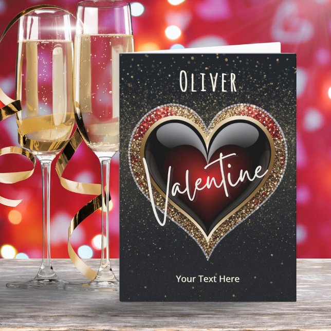 Röda hjärtan med glittereffekt Alla hjärtans dag Helgkort (A modern and elegant Valentine's Day card, with ruby-red love heart and customizable text)