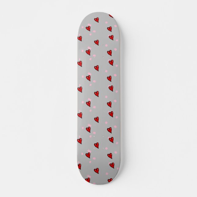 Röda hjärtan på grått mini skateboard bräda 18,5 cm (Framsida)