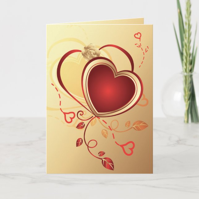 röda hjärtan på guld,valentins,kärlek helgkort (Framsida)