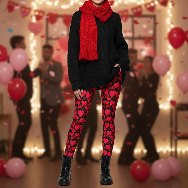 Röda hjärtan på svart Alla hjärtans dag  Leggings (Skapare uppladdad)