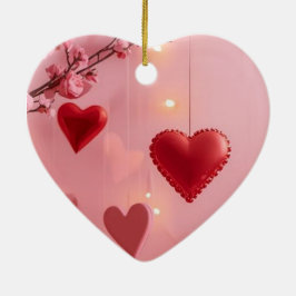 Röda hjärtan Rosa blommor på romantisk valentinstr Julgransprydnad Keramik