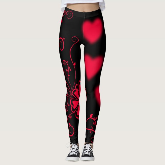 Röda hjärtan, Vines & Flower på svart Leggings (Framsida)