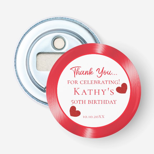 Röda Hjärter i 50:e Födelsedagsfesten Tack Flasköppnare (Framsidan)