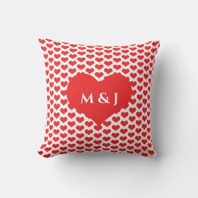 Röda hjärtmönster Alla hjärtans dags monogram vita Kudde (Framsida)