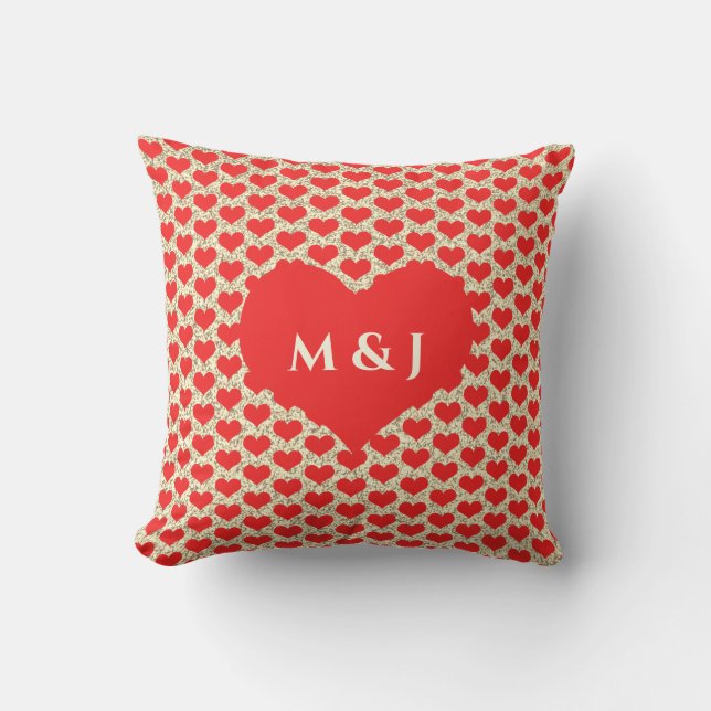 Röda hjärtmönster Monogram Guld Glitter Söt Kudde (Framsida)