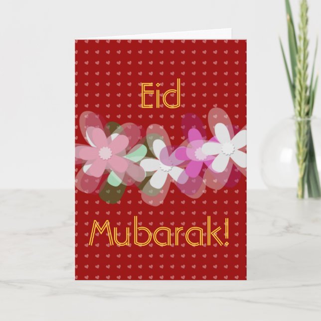 Röda hjärtor och blommor Eid Mubarak Helgkort (Framsida)