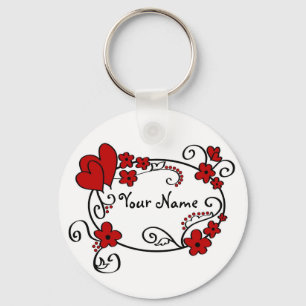 Röda hjärtor och blommor - Keychain Nyckelring