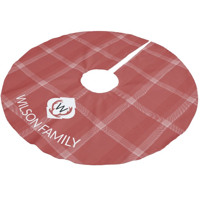 Röda hjorthornmonogram i tartan julgransmatta borstad polyester (Vinklad)