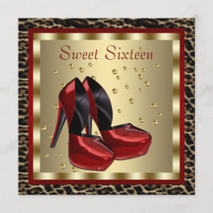 Röda högklackade skor Leopard Sweet Sixteen födels Inbjudningar