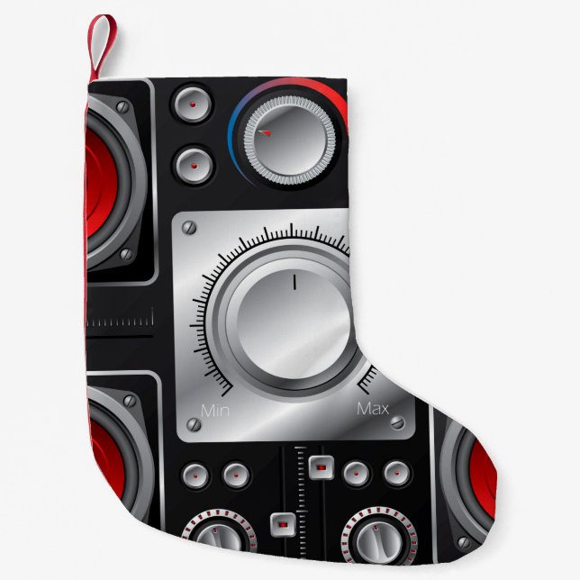 Röda högtalare med förstärkare och styrknappar liten julstrumpa (Framsidan)