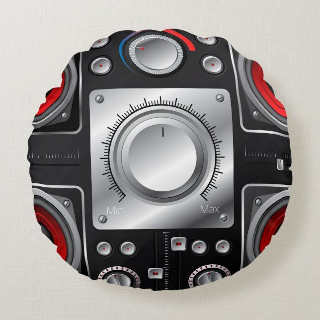 Röda högtalare med förstärkare och styrknappar rund kudde (Framsidan)