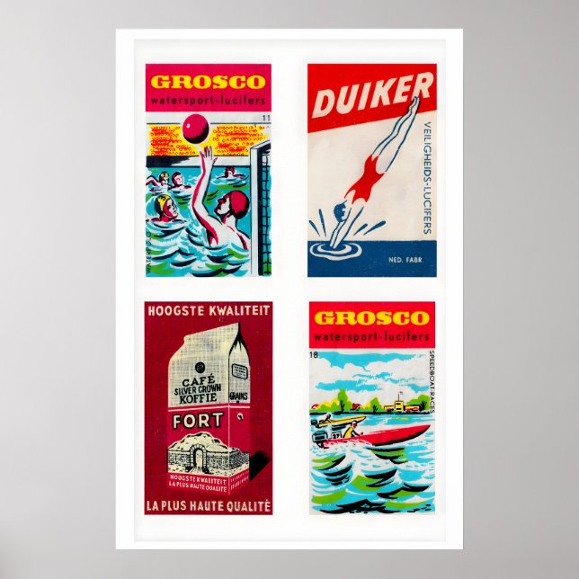 Röda holländska tändsticksförpackningsetiketter Gr Poster (Framsidan)