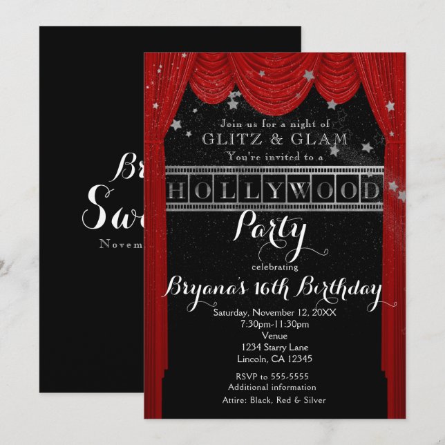 Röda HOLLYWOOD-gardiner och inbjudningar till Silv (Fram/baksida)