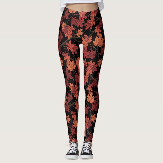 Röda höstlönnblad på svart leggings (Framsida)