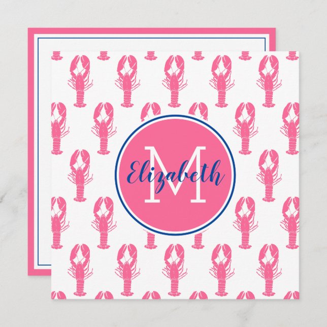 Röda humrar i rosa på vit botten med marinblått mo (Fram/baksida)