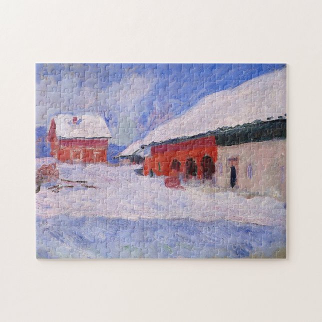 Röda hus Bjornegaard Snö Norge Monet Fine Art Pussel (Horisontell)