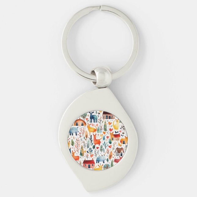 Röda hus och hus söta Pappra Lakan Swirl Silverfärgad Nyckelring (Framsidan)