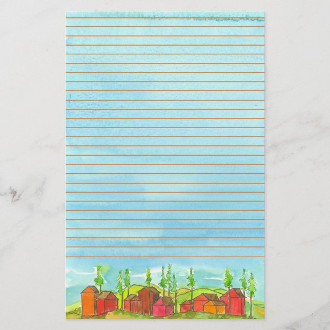 Röda hus, vattenfärgslutning brevpapper (Framsida)