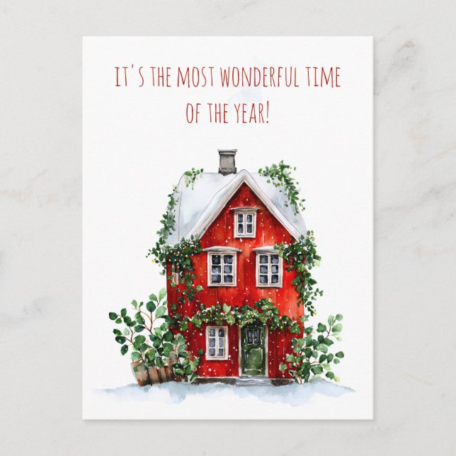 Röda huset med snö och grönt helg vykort (Framsida)