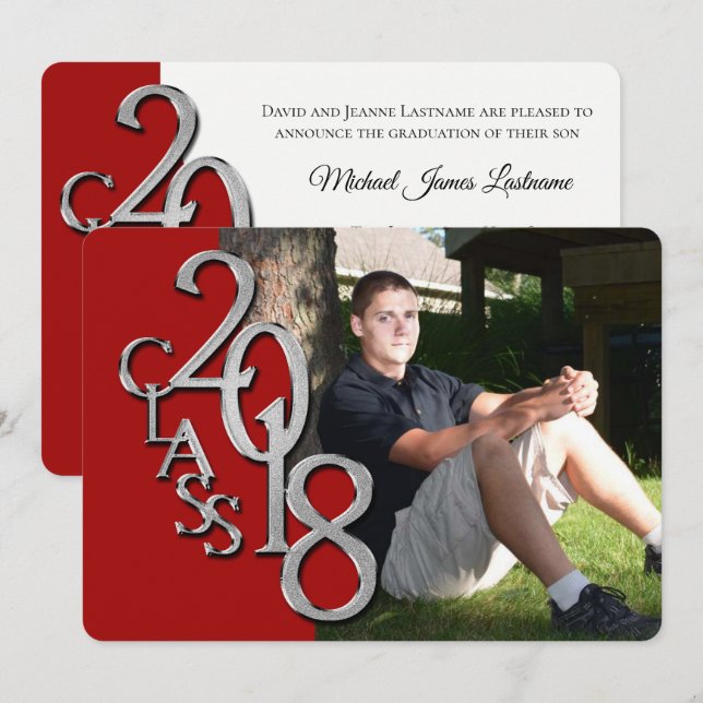 Röda inbjudan och inbjudan Silver 2018 Studenten (Fram/baksida)