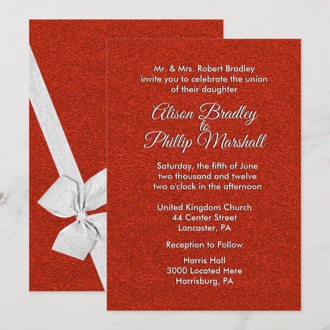 Röda inbjudan till Glitter och Bow Wedding 5"x 7" (Fram/baksida)