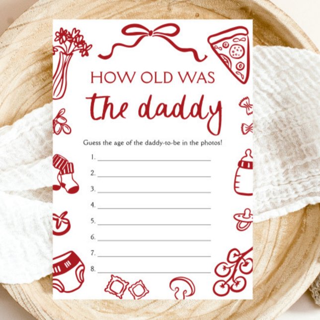 Röda italienska Hand plockade Hur gammal var pappa Inbjudningar (Red Italian Hand Drawn How Old Was The Daddy Game)