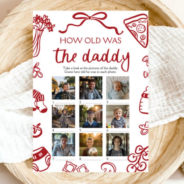 Röda italienska Hand plockade Hur gammal var pappa Inbjudningar (Red Italian Hand Drawn How Old Was The Daddy Game)