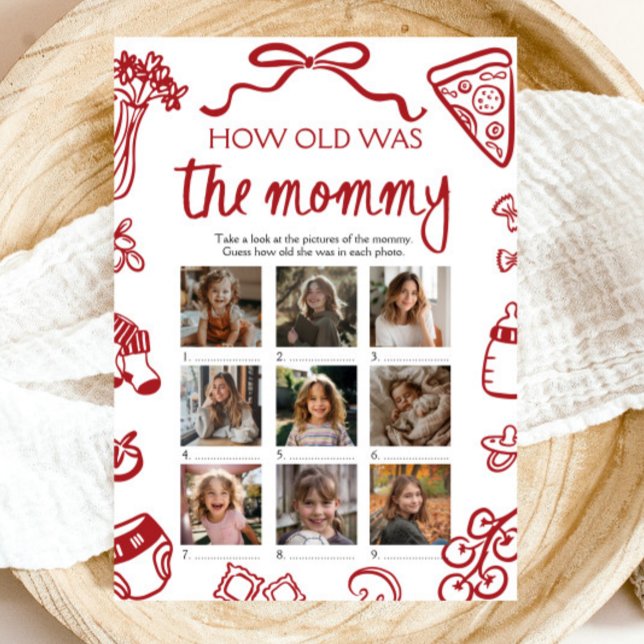 Röda italienska Hand plockade hur gammalt var Mamm Inbjudningar (Red Italian Hand Drawn How Old Was The Mommy Game)