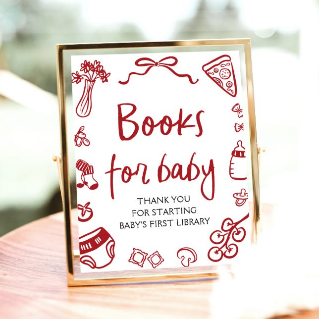 Röda italienska handritade barnböcker för baby sho poster (Red Italian Hand Drawn Baby Shower Books for Baby Sign)