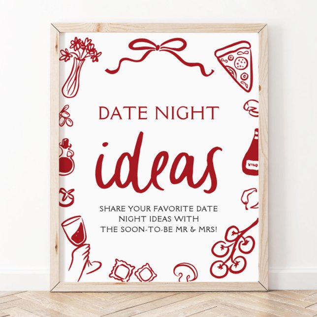 Röda italienska pizzor Date Night Idéer Bröllopsdu Poster (Red Italian Pizza Date Night Ideas Bridal Shower Sign)